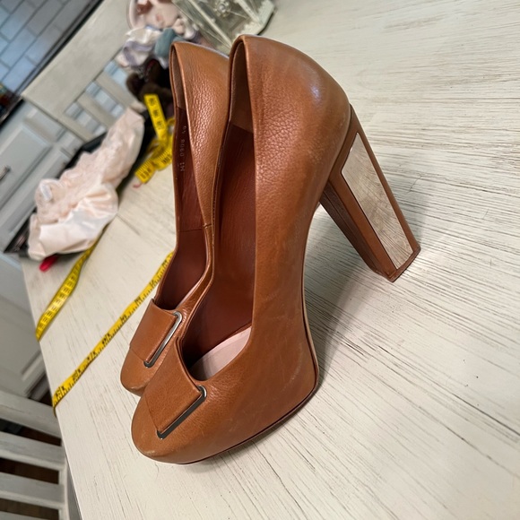 Prada camel color, thick, high heels w/ silver detailing. Size 9/40 women’s - Picture 2 of 7